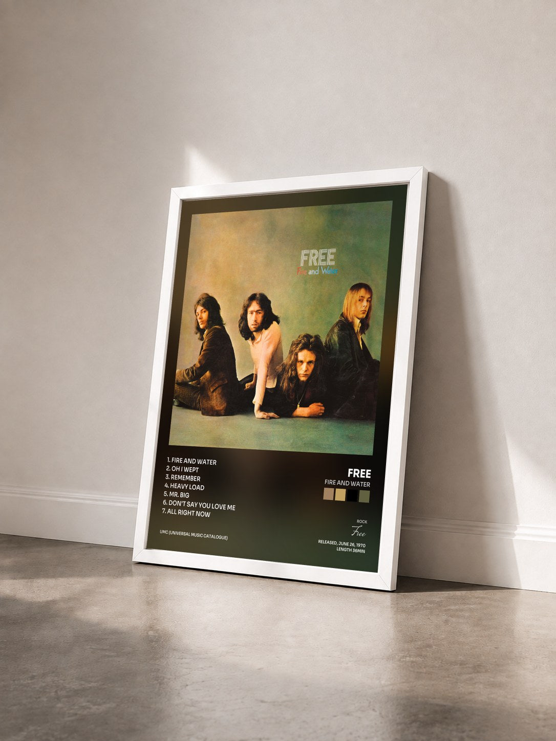 #blanc Tableau de l'album Fire And Water de Free vu de trois quarts, cadre blanc