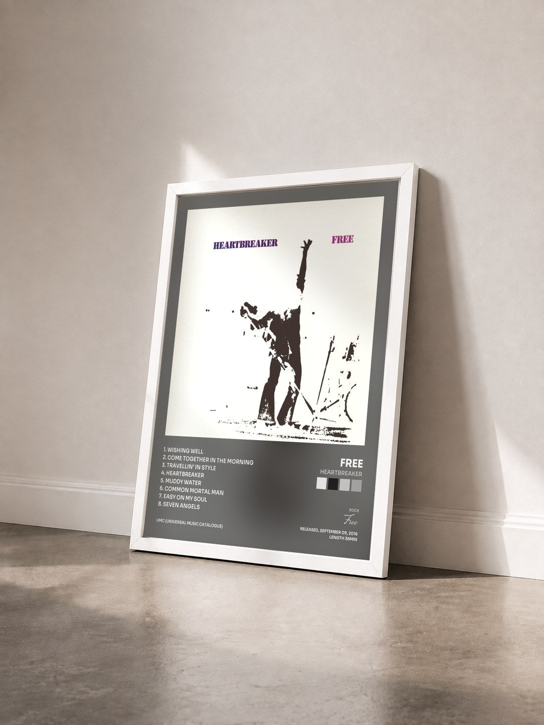 #blanc Tableau de l'album Heartbreaker de Free vu de trois quarts, cadre blanc
