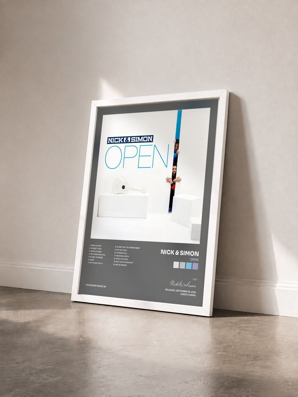 #blanc Open by Nick & Simon as a framed art print seen at an angle, white frame