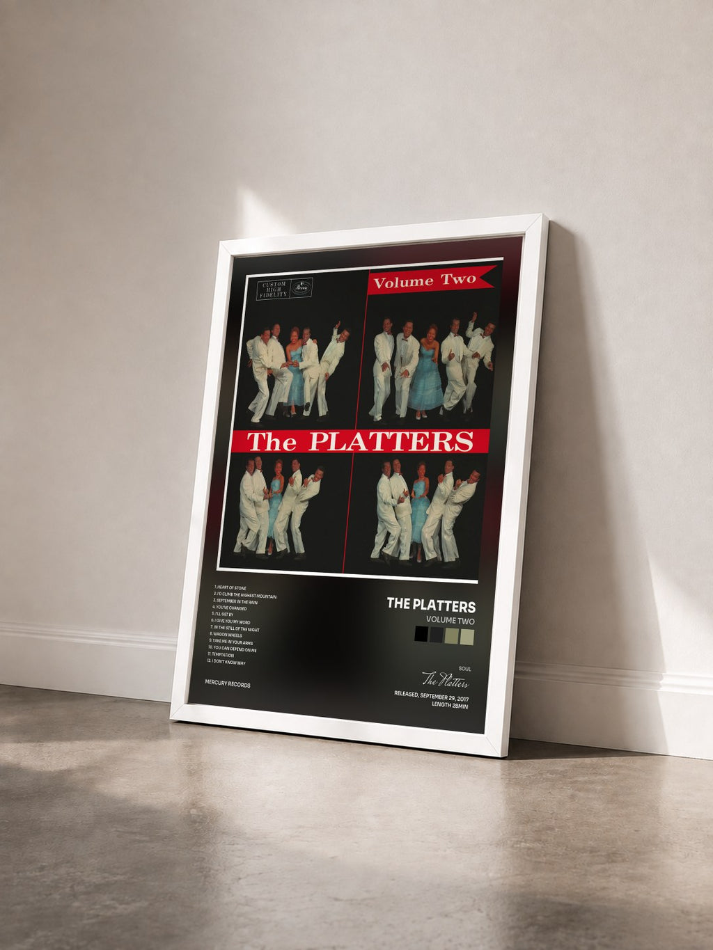 #blanc Tableau de l'album Volume Two de The Platters vu de trois quarts, cadre blanc