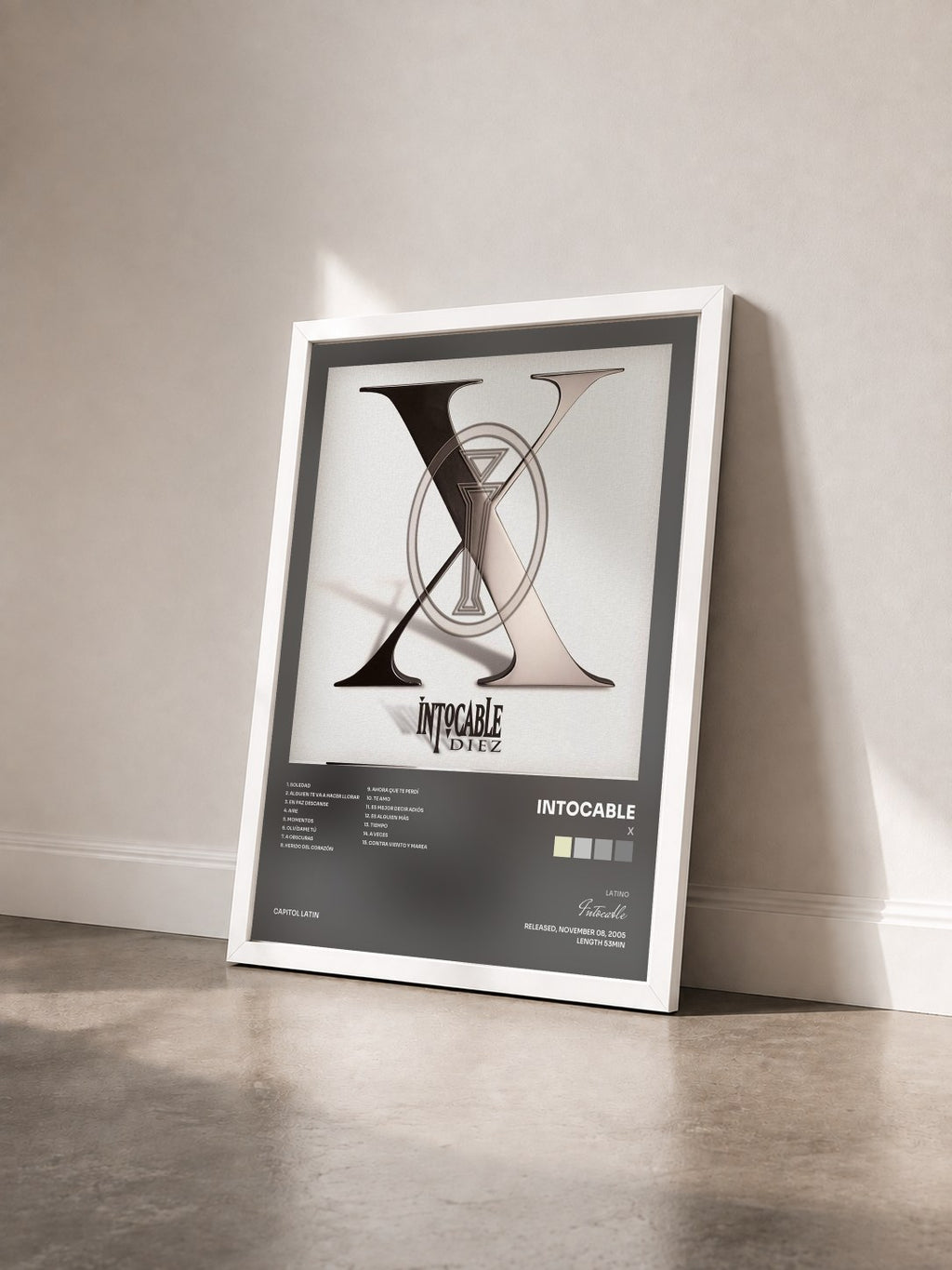 #blanc X by Intocable as a framed art print seen at an angle, white frame