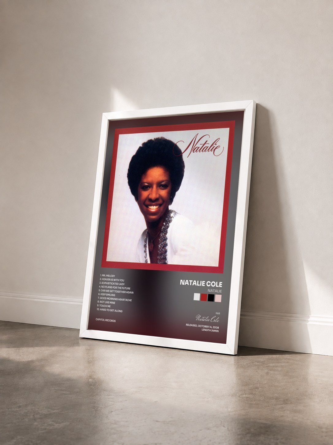 #blanc Tableau de l'album Natalie de Natalie Cole vu de trois quarts, cadre blanc