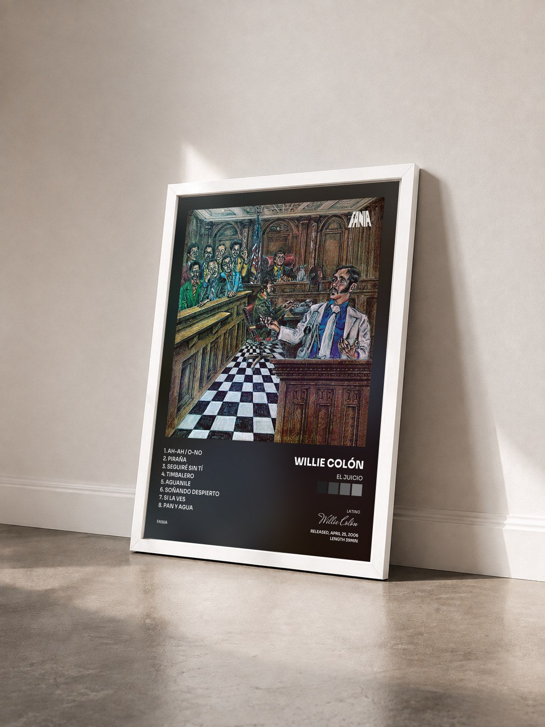 #blanc Tableau de l'album El Juicio de Willie Colón vu de trois quarts, cadre blanc