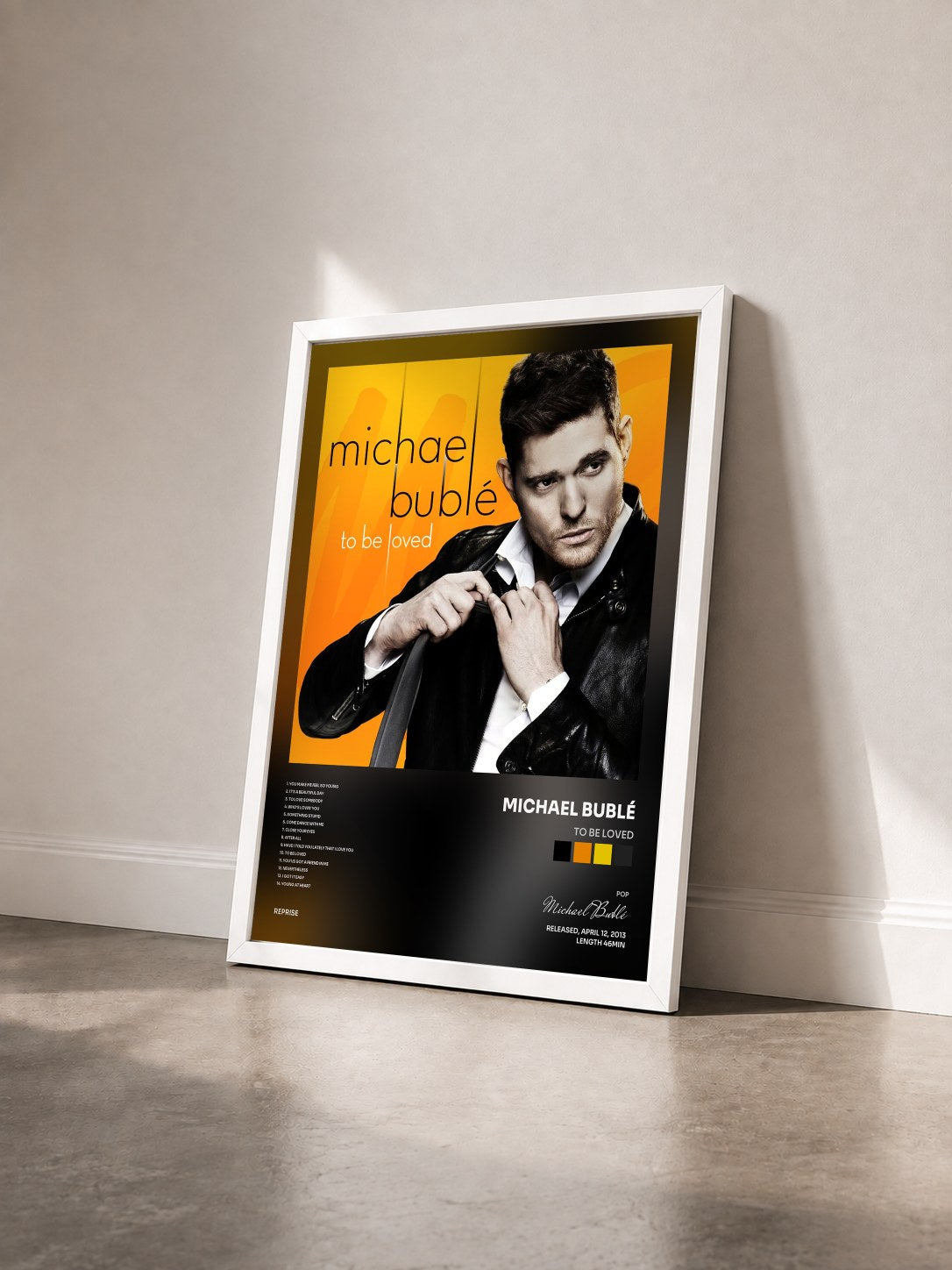 #blanc Tableau de l'album To Be Loved de Michael Bublé vu de trois quarts, cadre blanc
