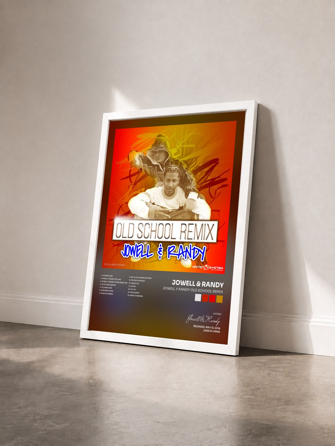 #blanc Tableau de l'album Jowell y Randy Old School Remix de Jowell & Randy vu de trois quarts, cadre blanc
