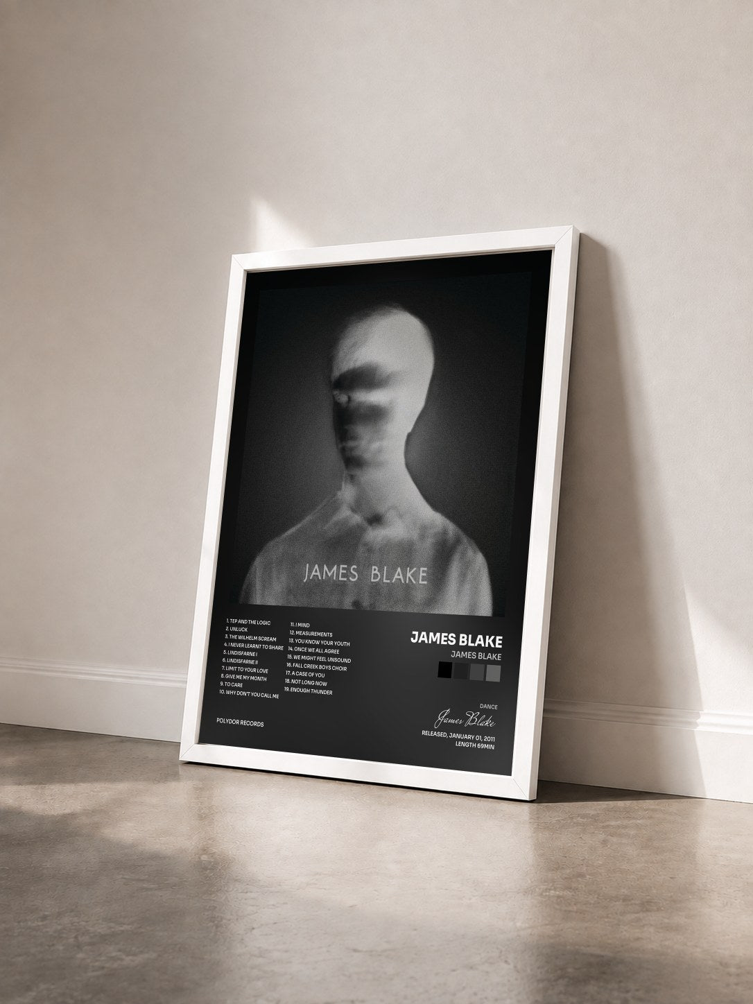 #blanc Tableau de l'album James Blake de James Blake vu de trois quarts, cadre blanc