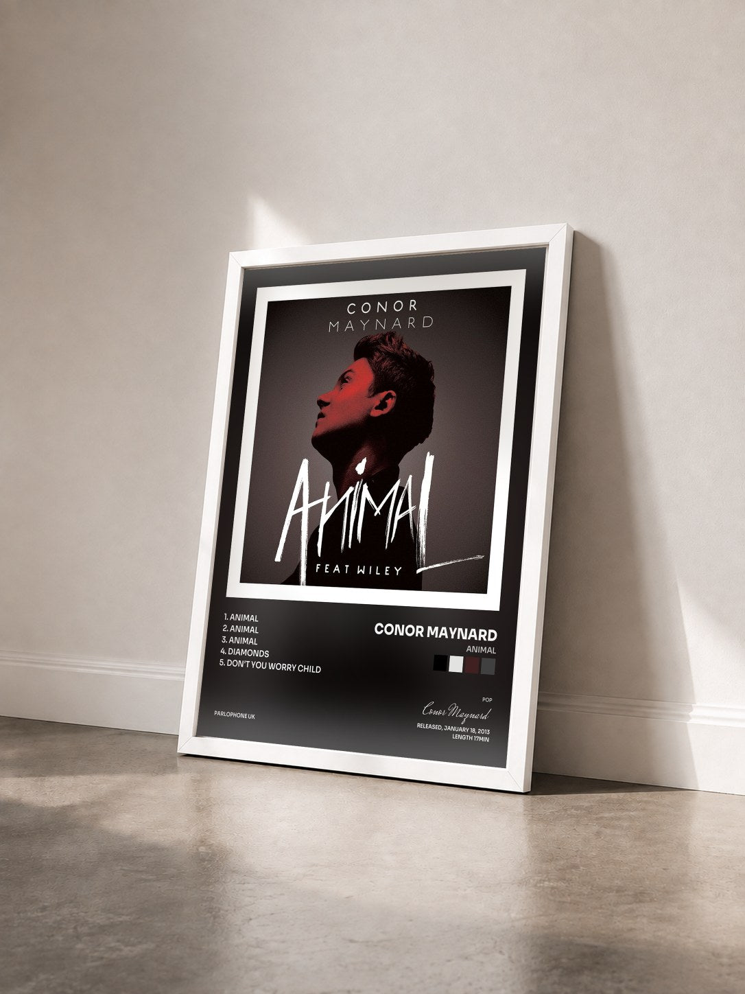 #blanc Tableau de l'album Animal de Conor Maynard vu de trois quarts, cadre blanc