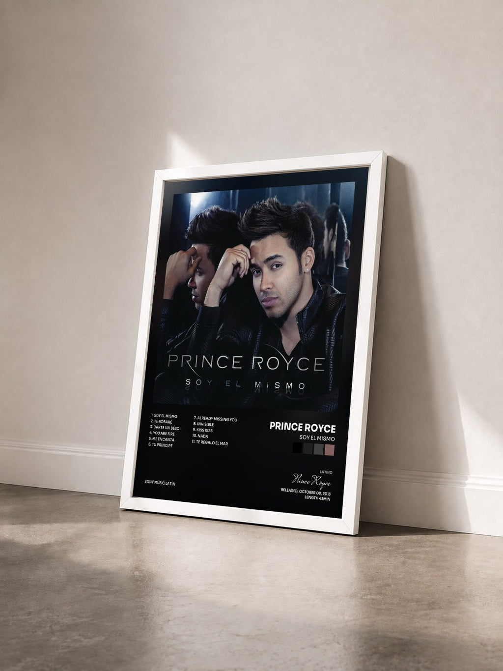 #blanc Soy el Mismo by Prince Royce as a framed art print seen at an angle, white frame
