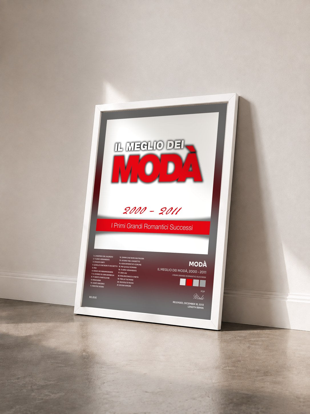 #blanc Tableau de l'album Il meglio dei Modà, 2000 - 2011 (I primi grandi romantici successi) de Modà vu de trois quarts, cadre blanc