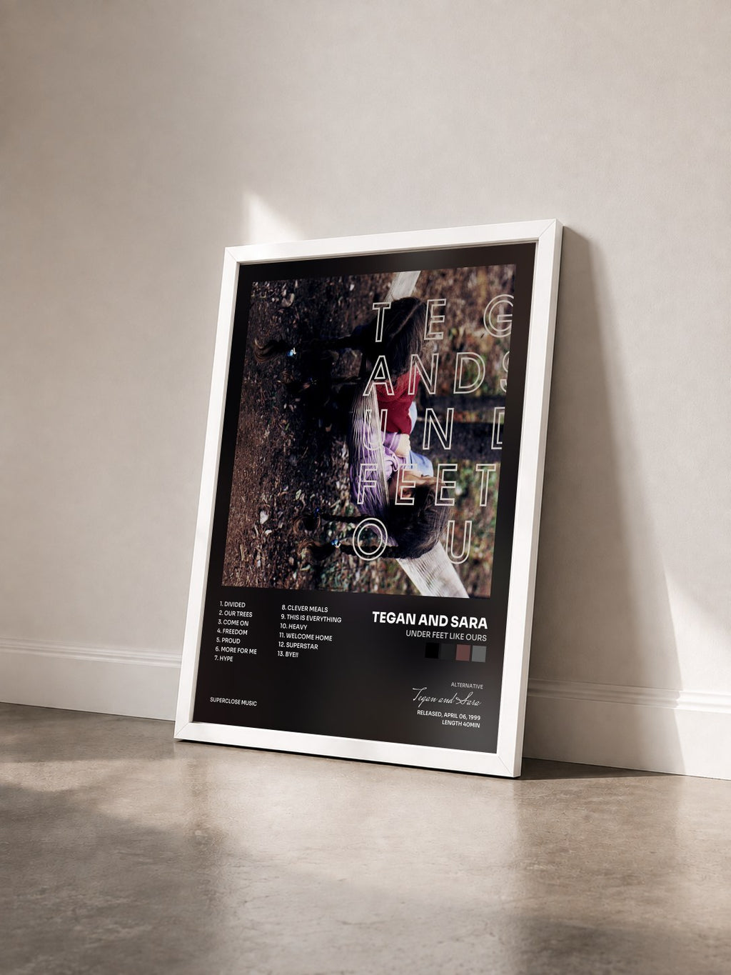 #blanc Tableau de l'album Under Feet Like Ours de Tegan and Sara vu de trois quarts, cadre blanc