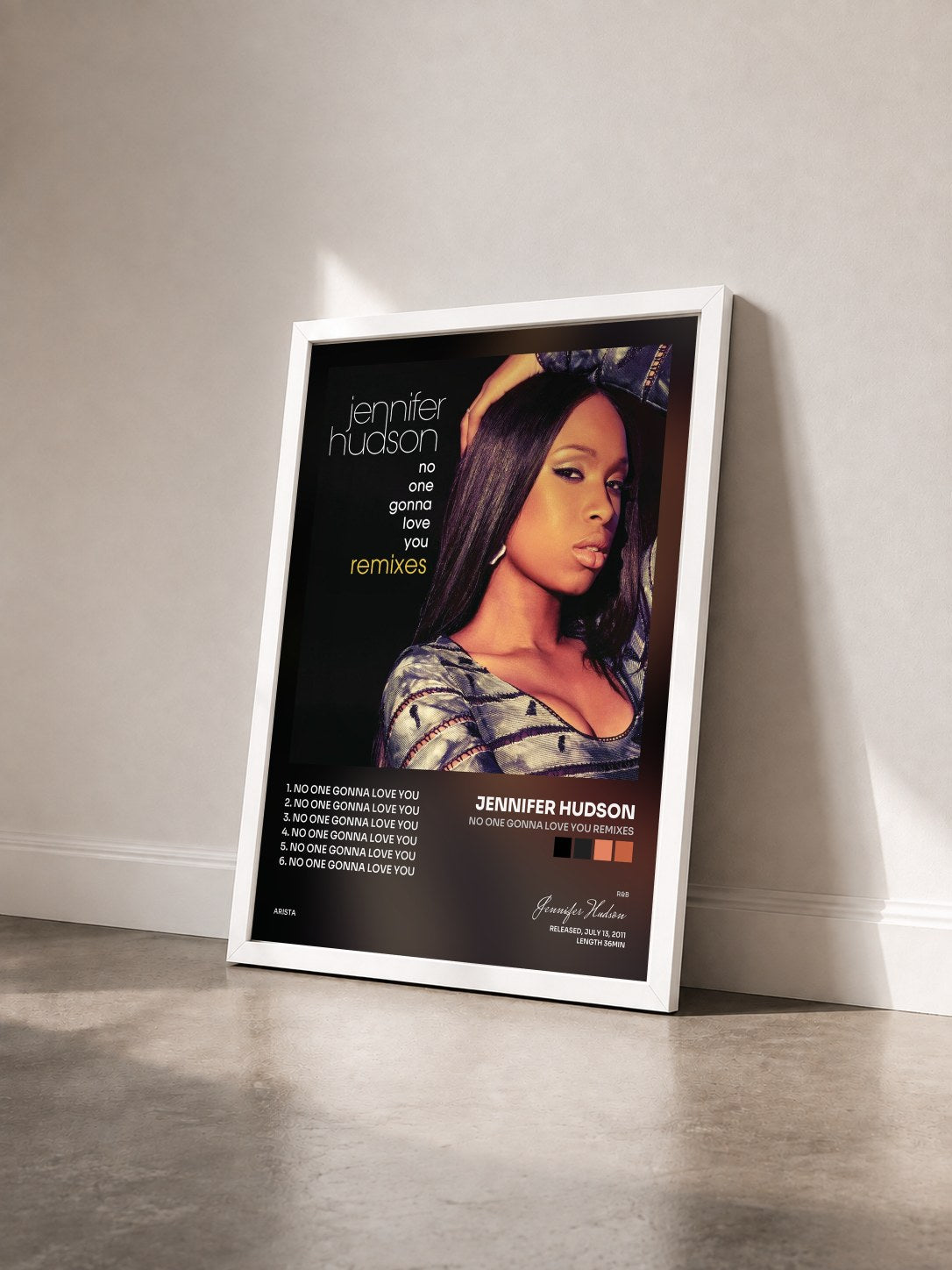 #blanc Tableau de l'album No One Gonna Love You Remixes de Jennifer Hudson vu de trois quarts, cadre blanc