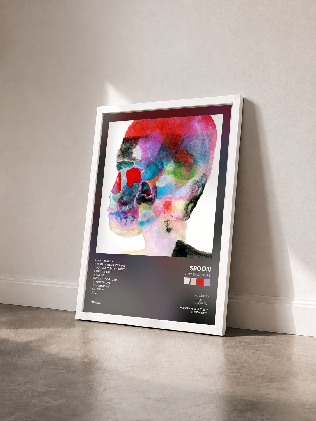 #blanc Tableau de l'album Hot Thoughts de Spoon vu de trois quarts, cadre blanc