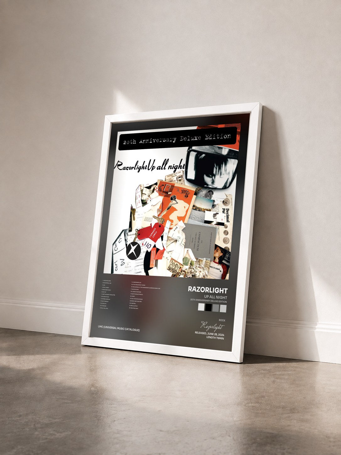 #blanc Tableau de l'album Up All Night (20th Anniversary Deluxe Edition) de Razorlight vu de trois quarts, cadre blanc