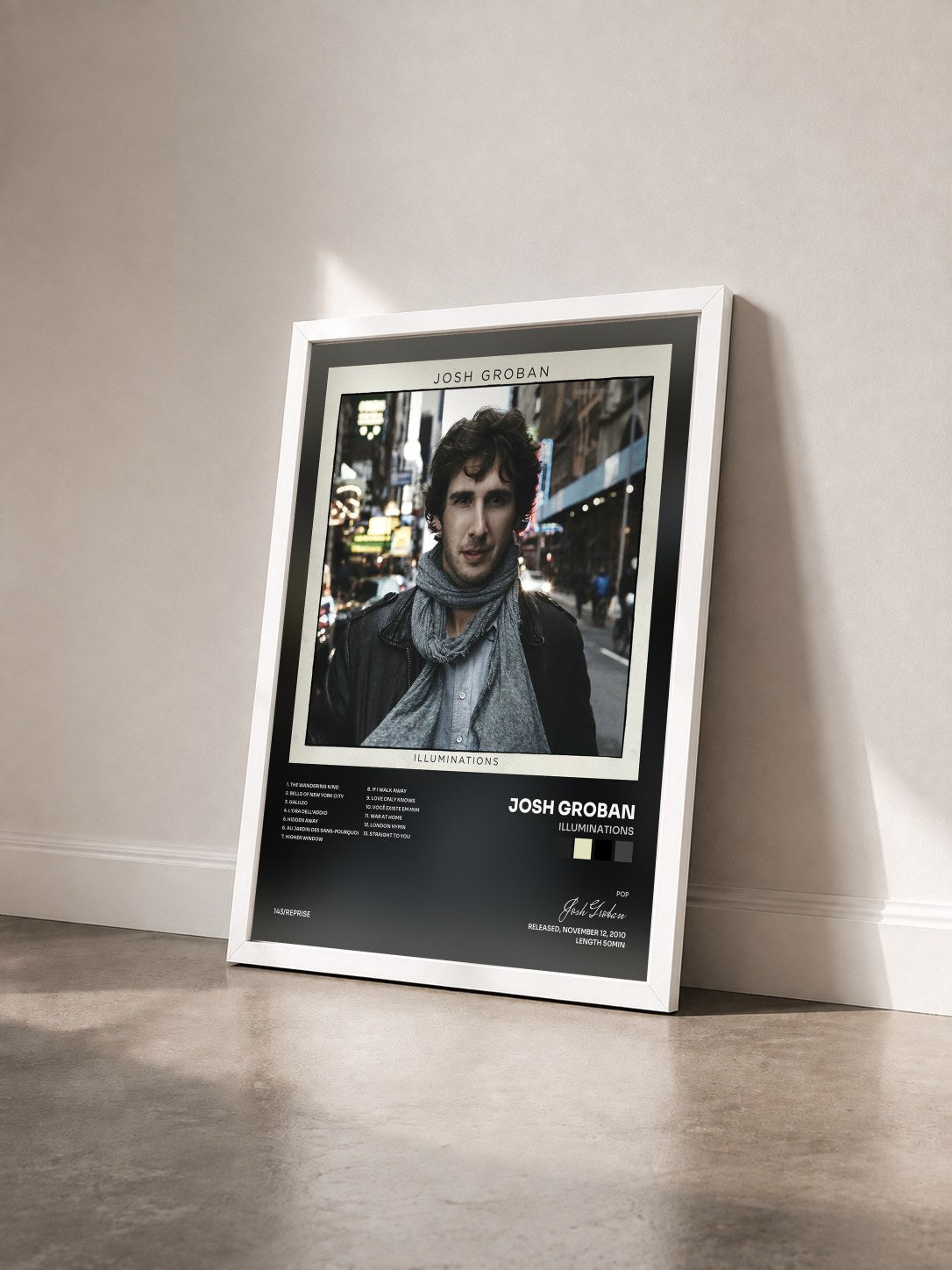 #blanc Tableau de l'album Illuminations de Josh Groban vu de trois quarts, cadre blanc