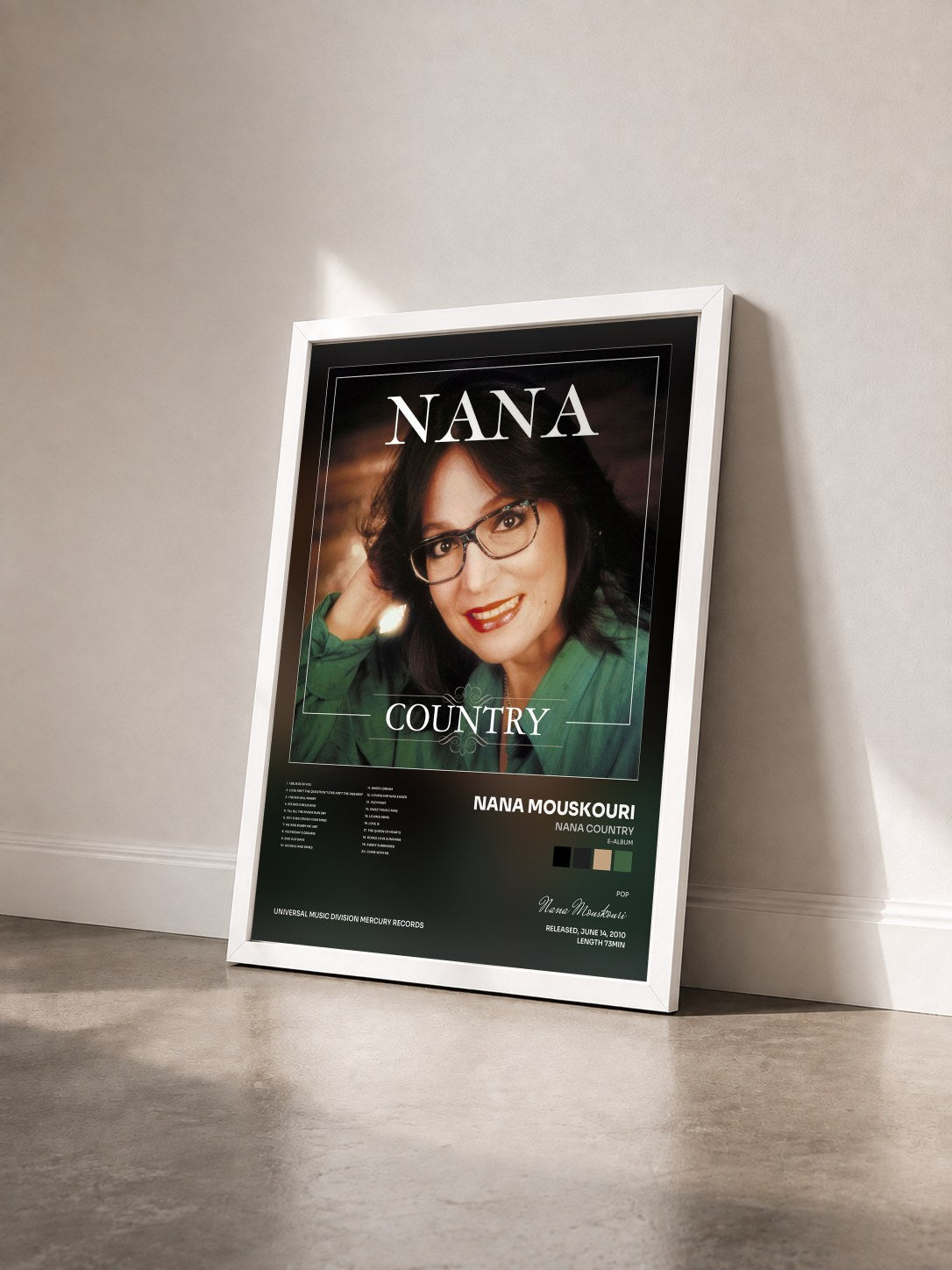 #blanc Tableau de l'album Nana Country (e-album) de Nana Mouskouri vu de trois quarts, cadre blanc