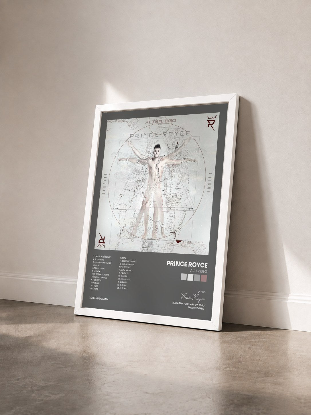 #blanc Tableau de l'album ALTER EGO de Prince Royce vu de trois quarts, cadre blanc