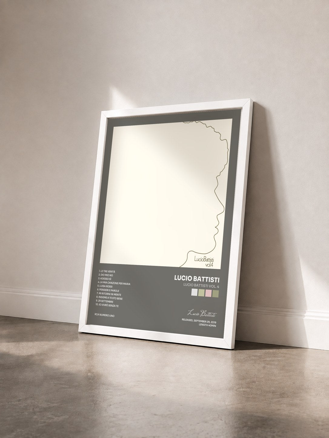 #blanc Tableau de l'album Lucio Battisti Vol. 4 de Lucio Battisti vu de trois quarts, cadre blanc