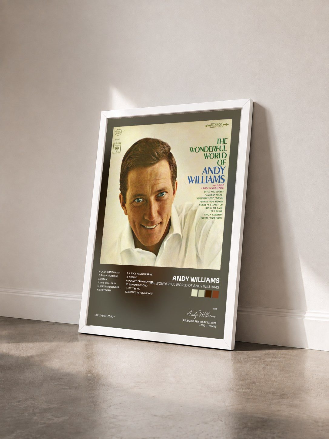 #blanc Tableau de l'album The Wonderful World of Andy Williams de Andy Williams vu de trois quarts, cadre blanc