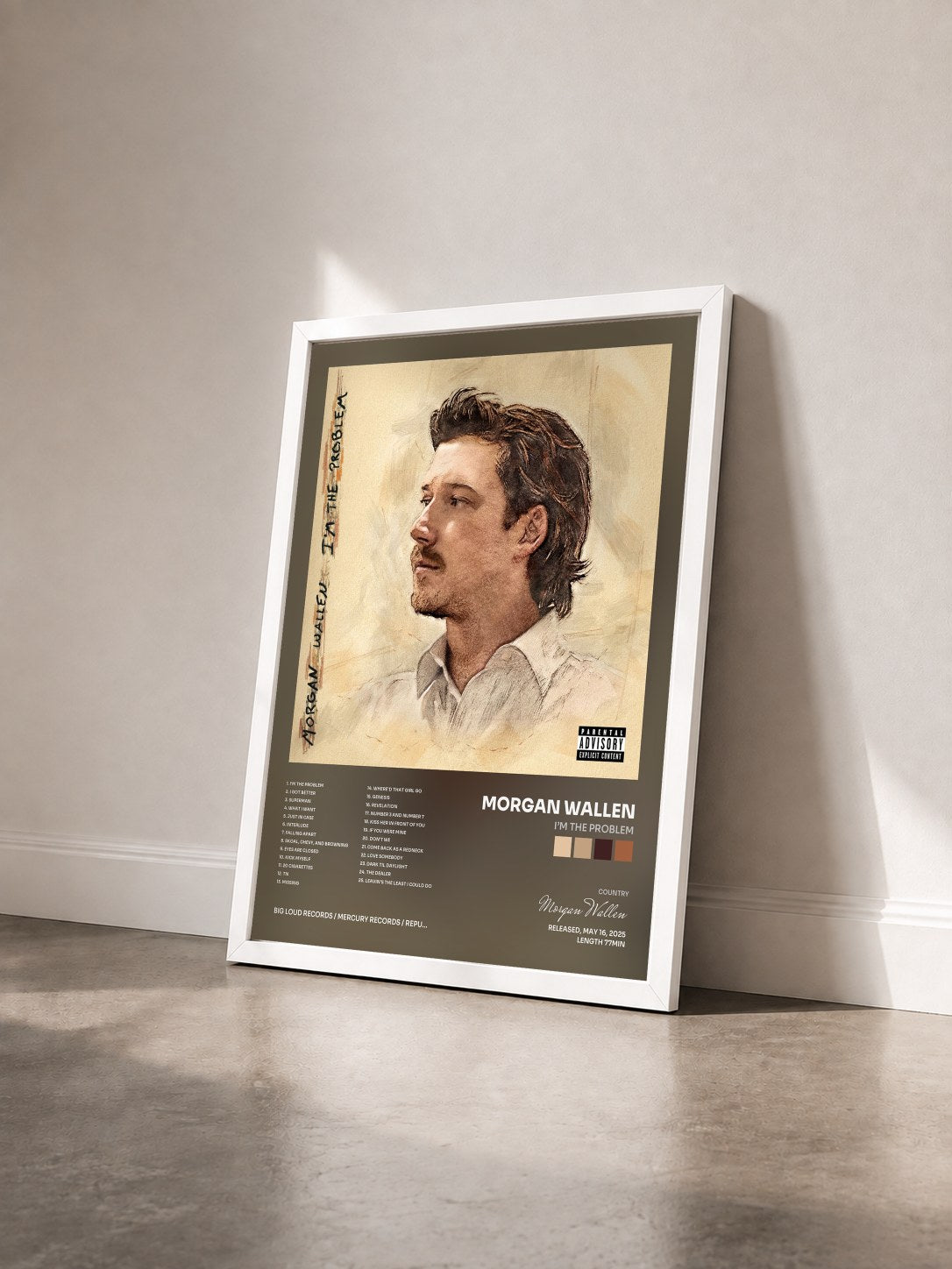 #blanc Tableau de l'album I’m The Problem de Morgan Wallen vu de trois quarts, cadre blanc