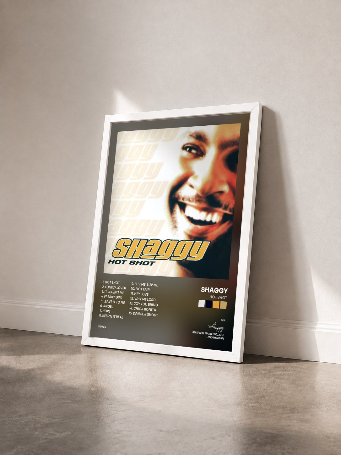 #blanc Tableau de l'album Hot Shot de Shaggy vu de trois quarts, cadre blanc