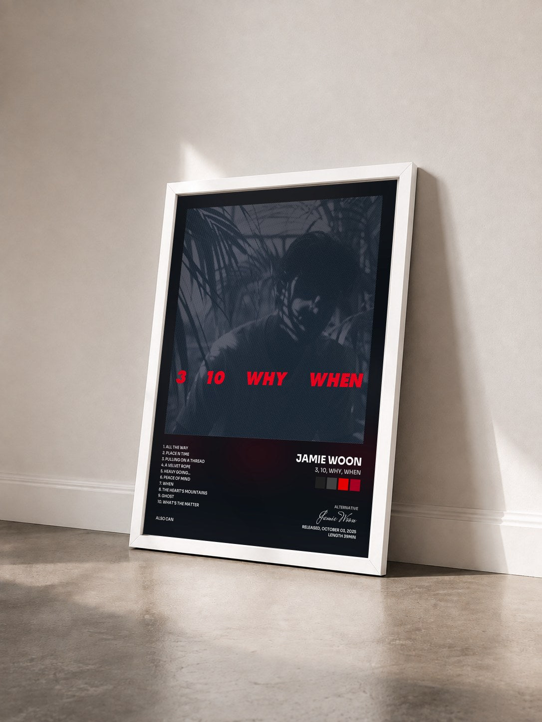 #blanc Tableau de l'album 3, 10, Why, When de Jamie Woon vu de trois quarts, cadre blanc