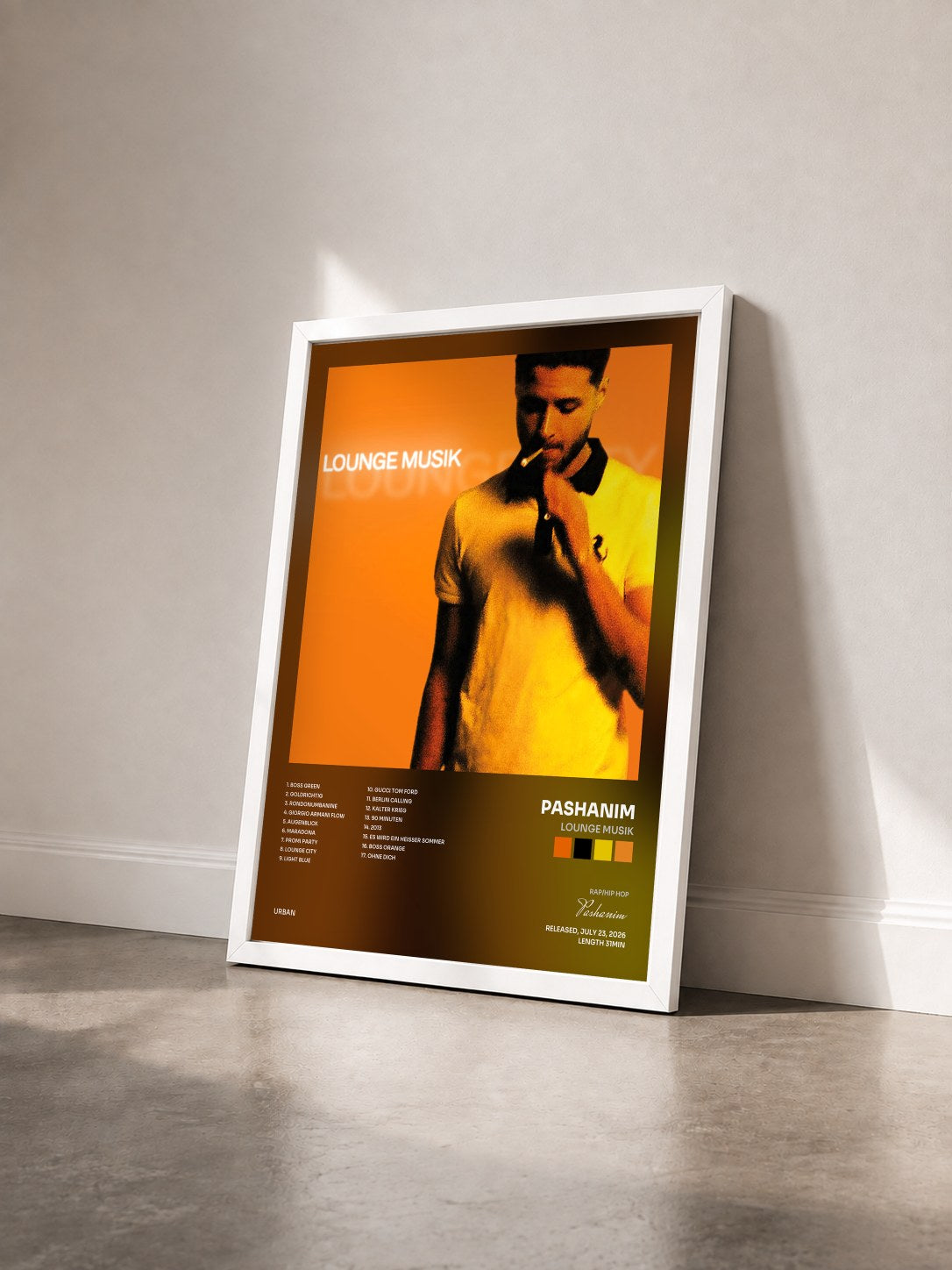 #blanc Tableau de l'album Lounge Musik de Pashanim vu de trois quarts, cadre blanc