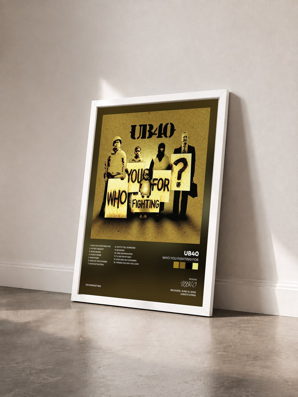#blanc Tableau de l'album Who You Fighting For de UB40 vu de trois quarts, cadre blanc