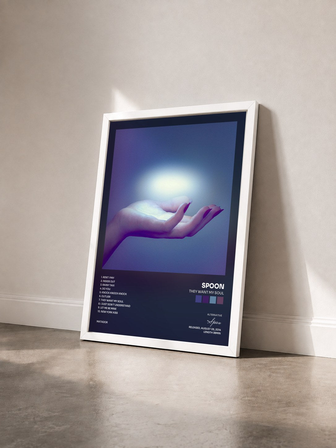 #blanc Tableau de l'album They Want My Soul de Spoon vu de trois quarts, cadre blanc