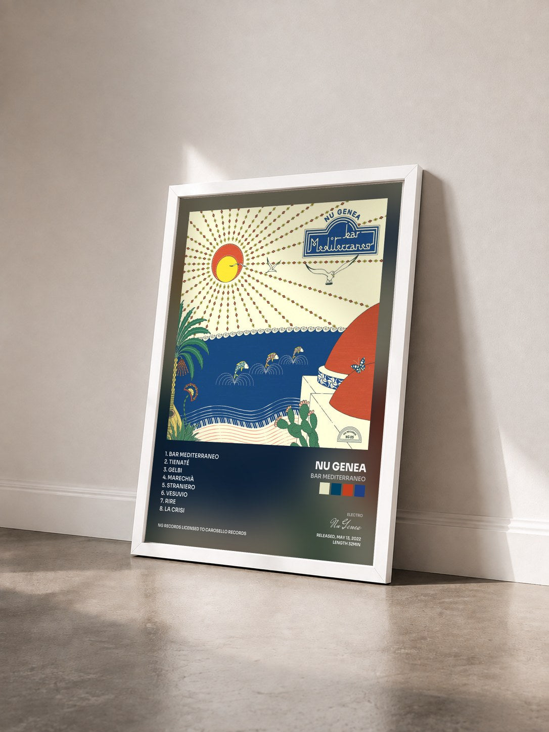 #blanc Tableau de l'album Bar Mediterraneo de Nu Genea vu de trois quarts, cadre blanc