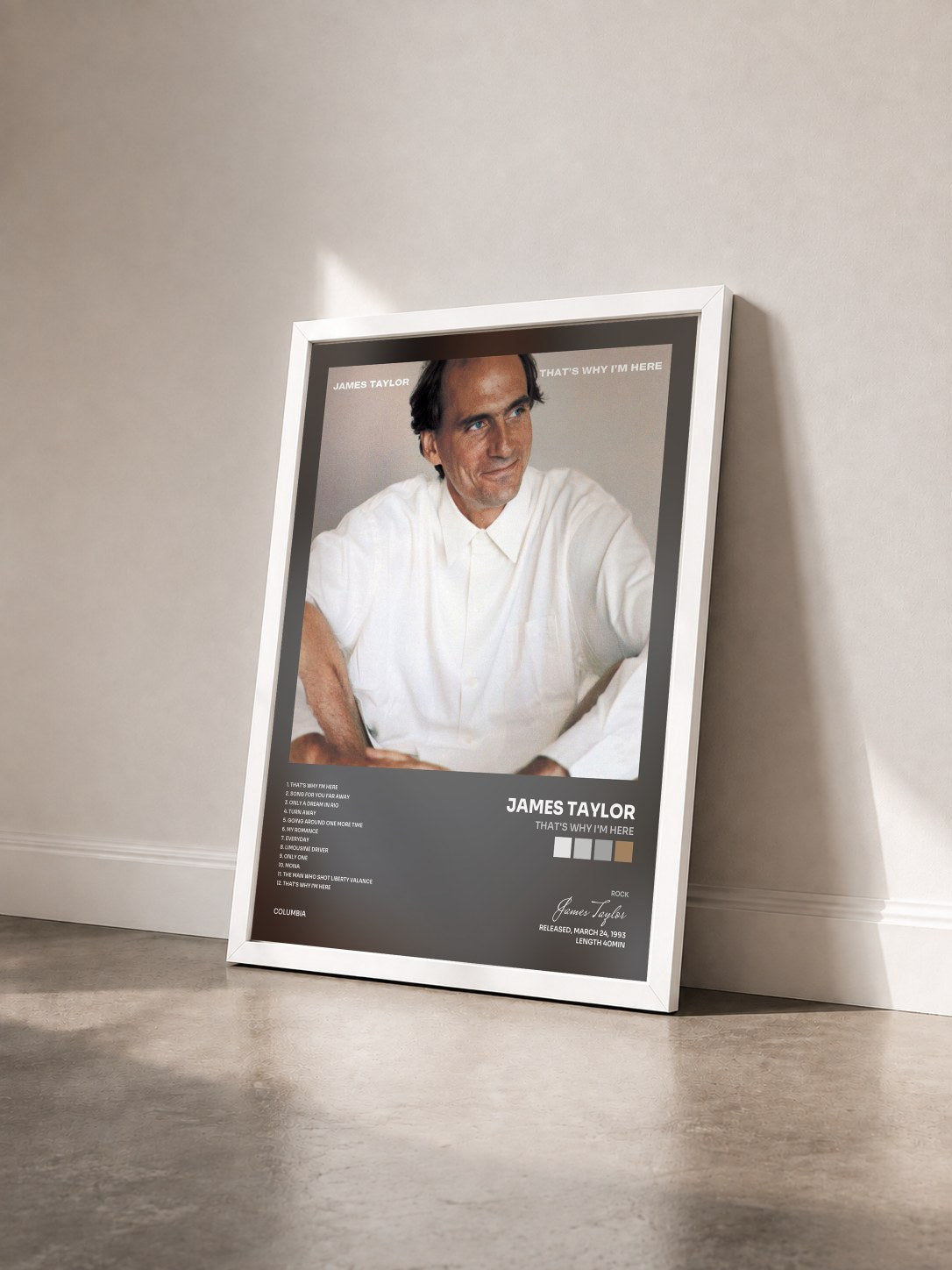 #blanc Tableau de l'album That's Why I'm Here de James Taylor vu de trois quarts, cadre blanc