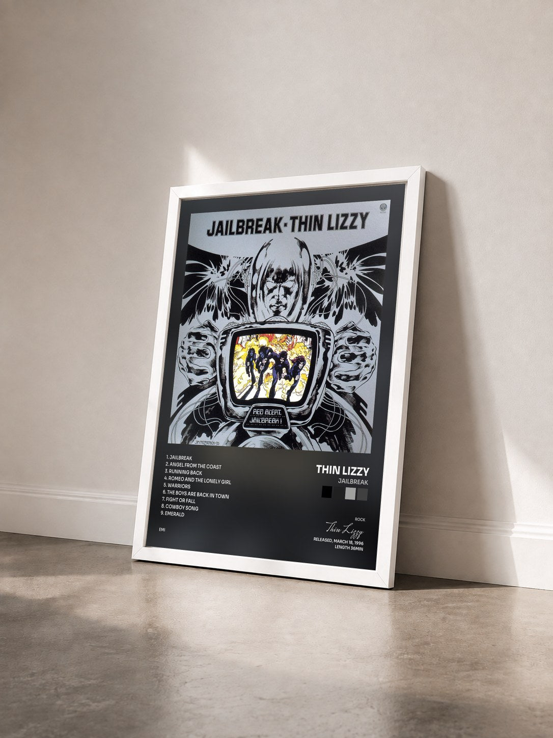 #blanc Tableau de l'album Jailbreak de Thin Lizzy vu de trois quarts, cadre blanc