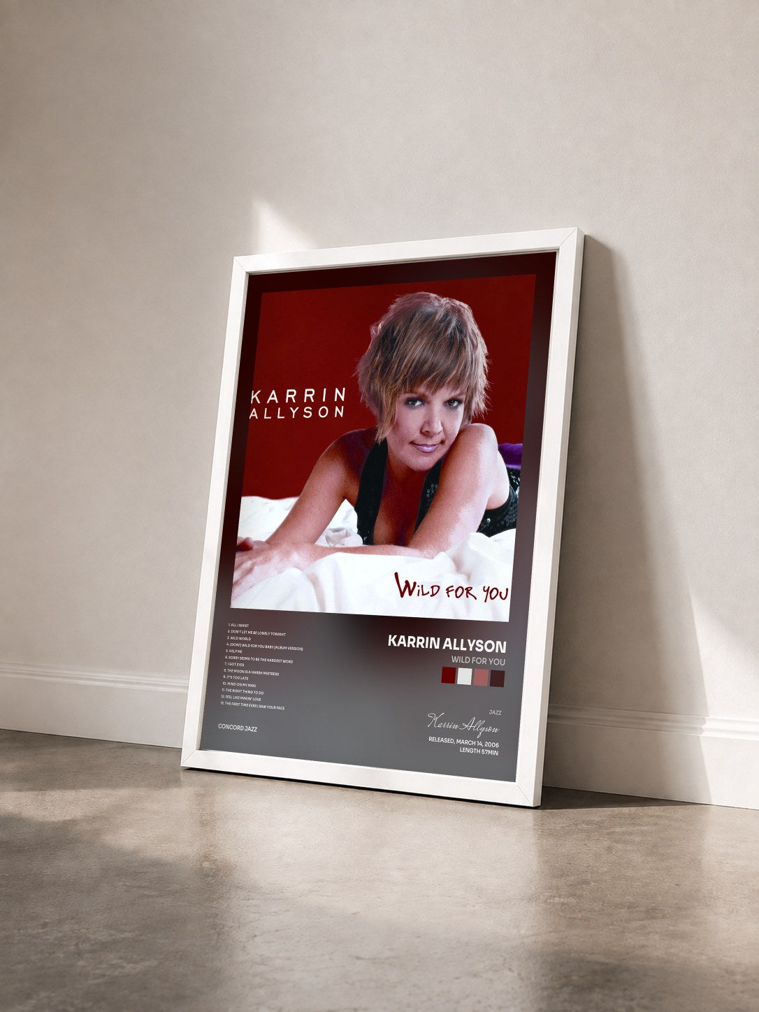 #blanc Tableau de l'album Wild For You de Karrin Allyson vu de trois quarts, cadre blanc