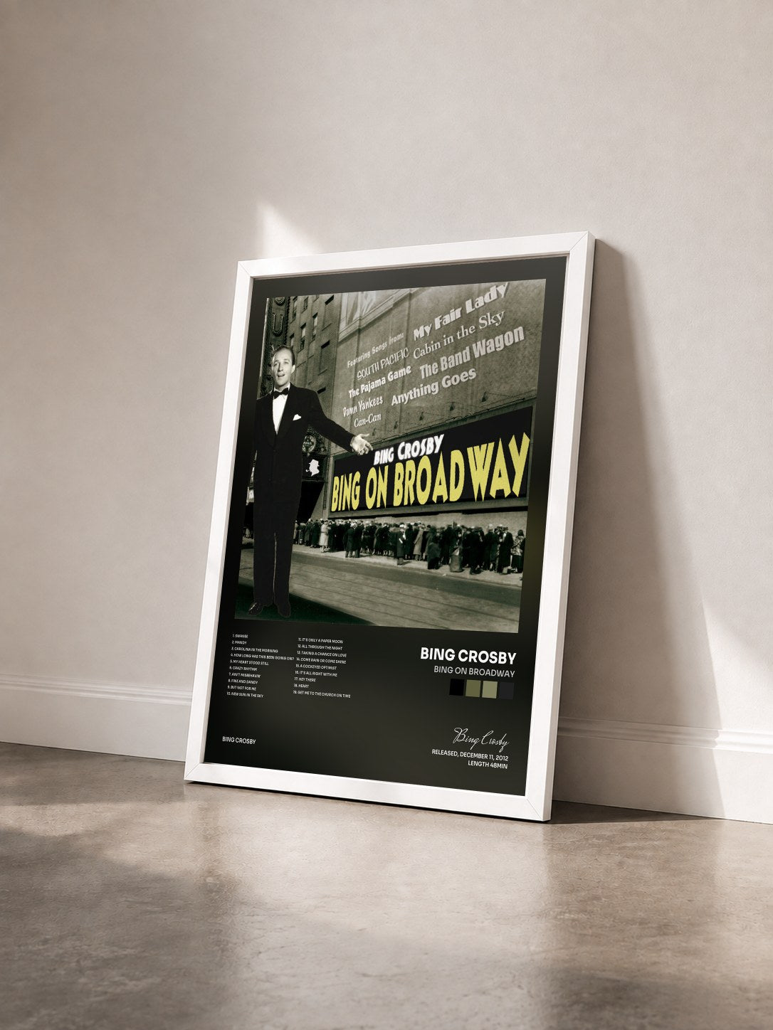 #blanc Tableau de l'album Bing On Broadway de Bing Crosby vu de trois quarts, cadre blanc