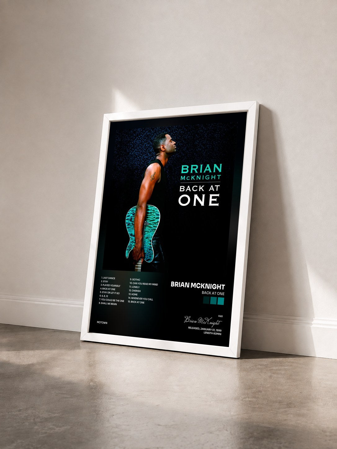 #blanc Tableau de l'album Back At One de Brian McKnight vu de trois quarts, cadre blanc