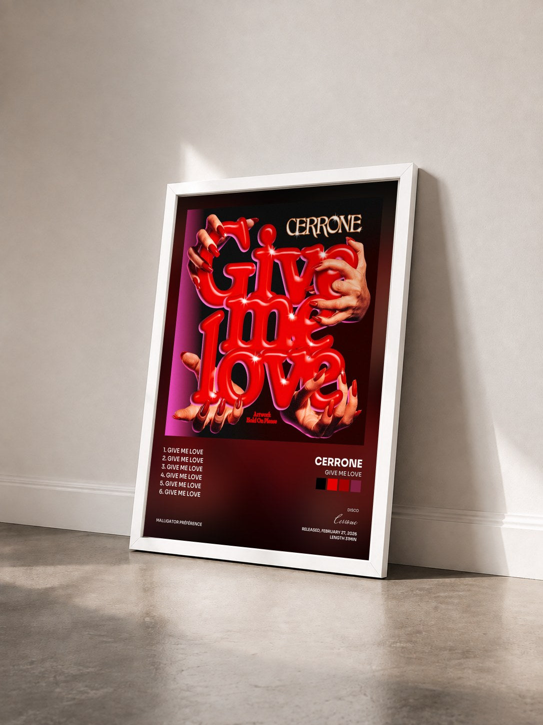 #blanc Tableau de l'album Give Me Love de Cerrone vu de trois quarts, cadre blanc