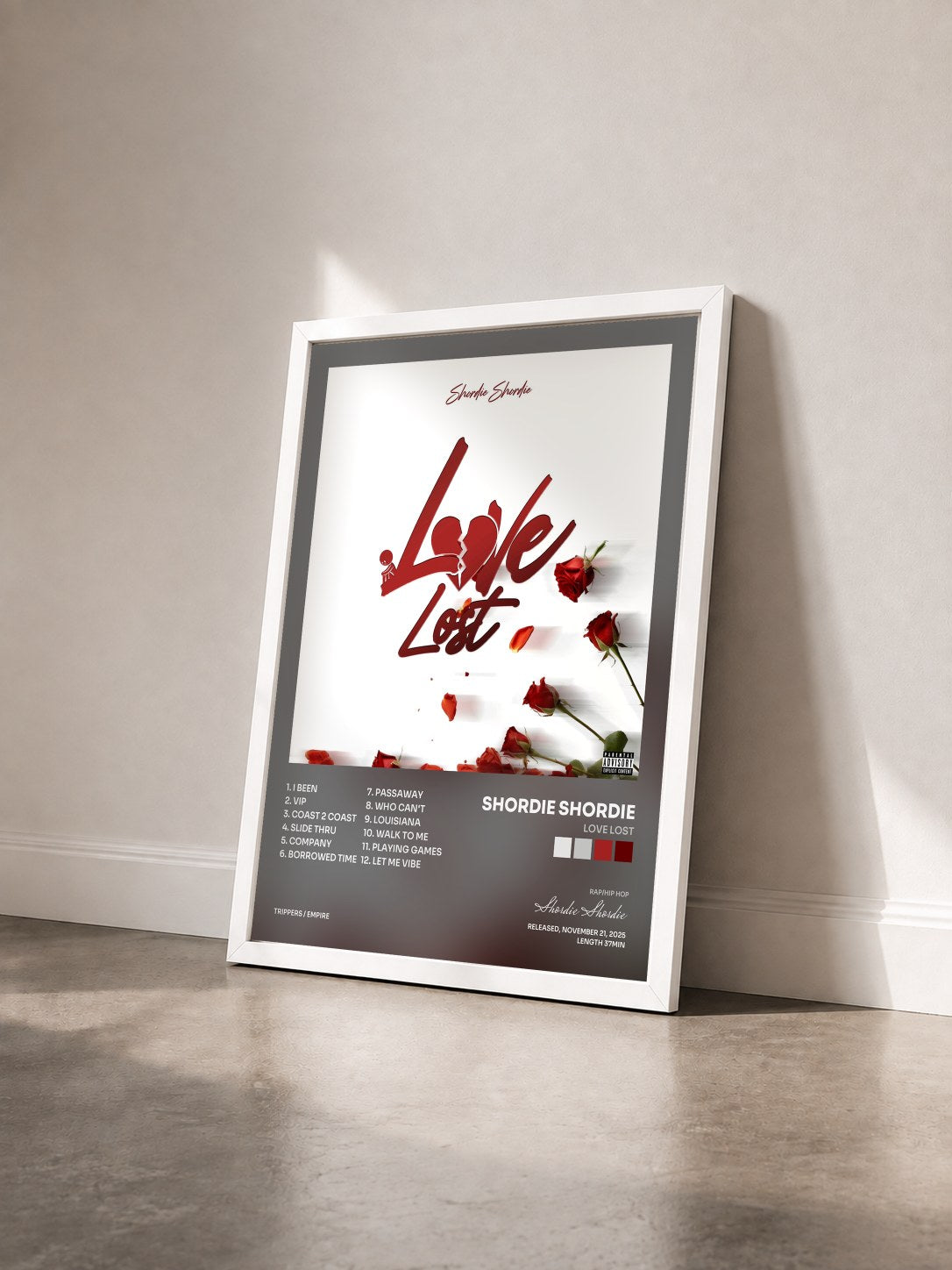 #blanc Tableau de l'album Love Lost de Shordie Shordie vu de trois quarts, cadre blanc