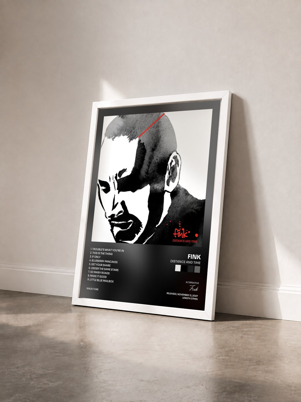 #blanc Tableau de l'album Distance and Time de Fink vu de trois quarts, cadre blanc