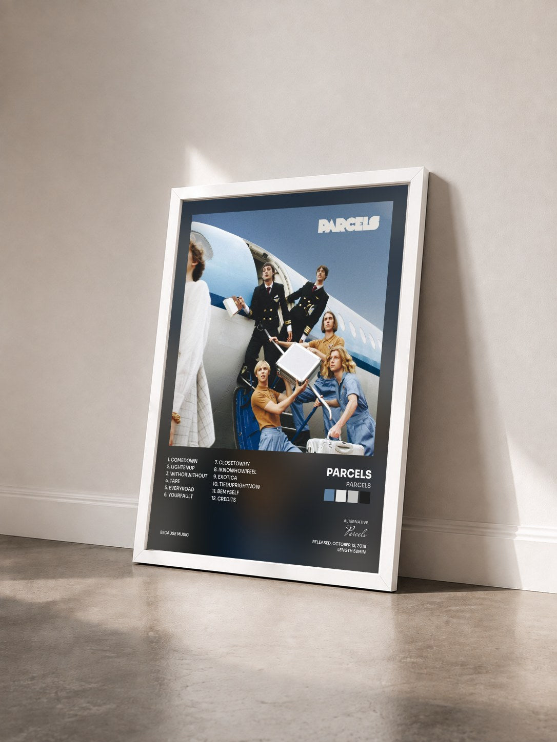 #blanc Tableau de l'album Parcels de Parcels vu de trois quarts, cadre blanc