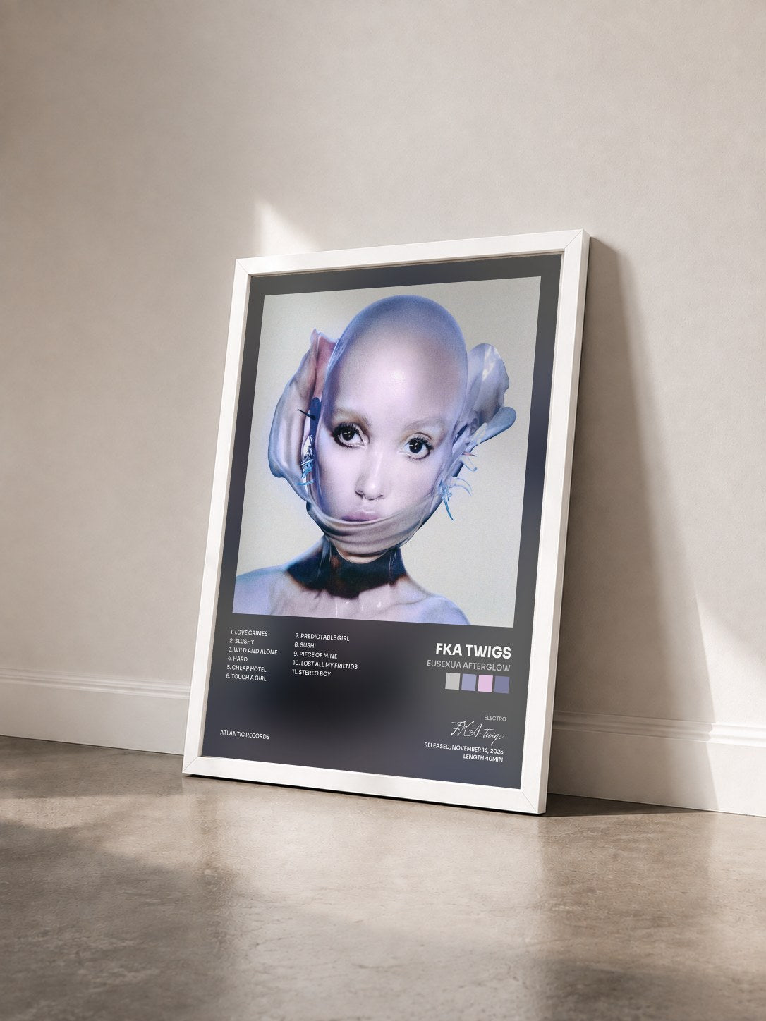 #blanc Tableau de l'album EUSEXUA Afterglow de FKA twigs vu de trois quarts, cadre blanc