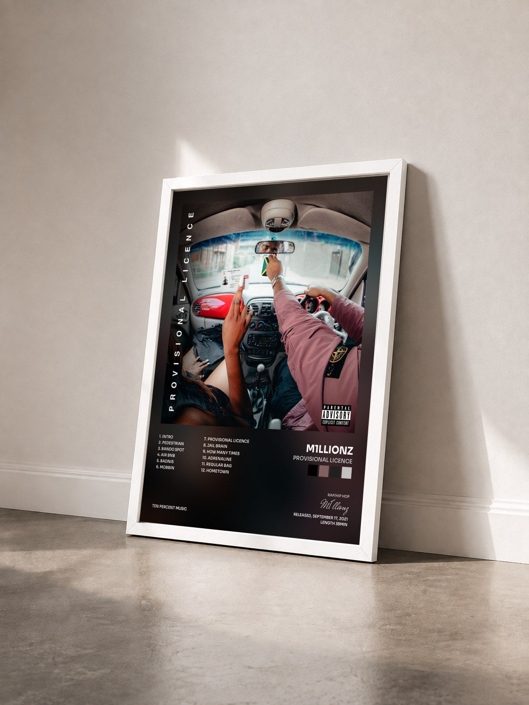 #blanc Tableau de l'album Provisional Licence de M1llionz vu de trois quarts, cadre blanc