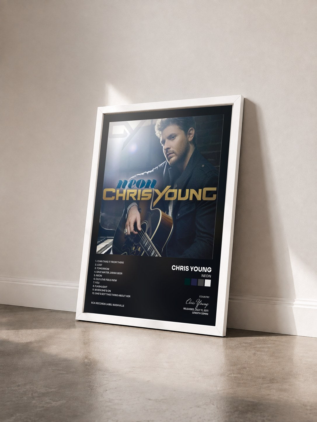 #blanc Tableau de l'album Neon de Chris Young vu de trois quarts, cadre blanc