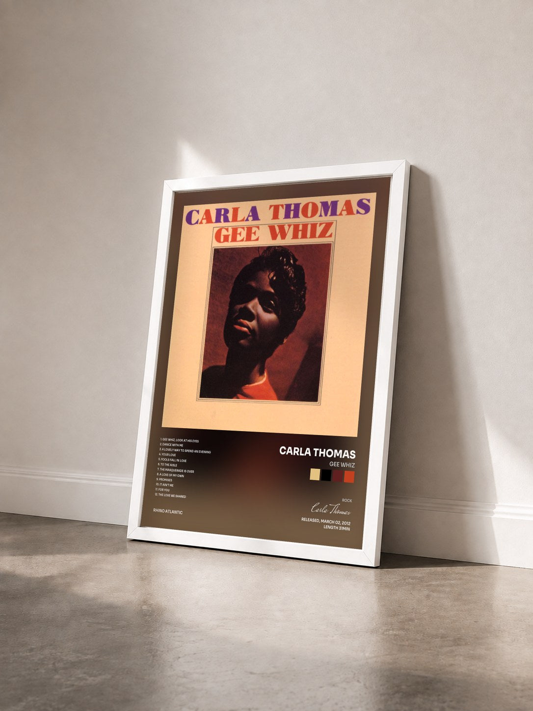 #blanc Tableau de l'album Gee Whiz de Carla Thomas vu de trois quarts, cadre blanc