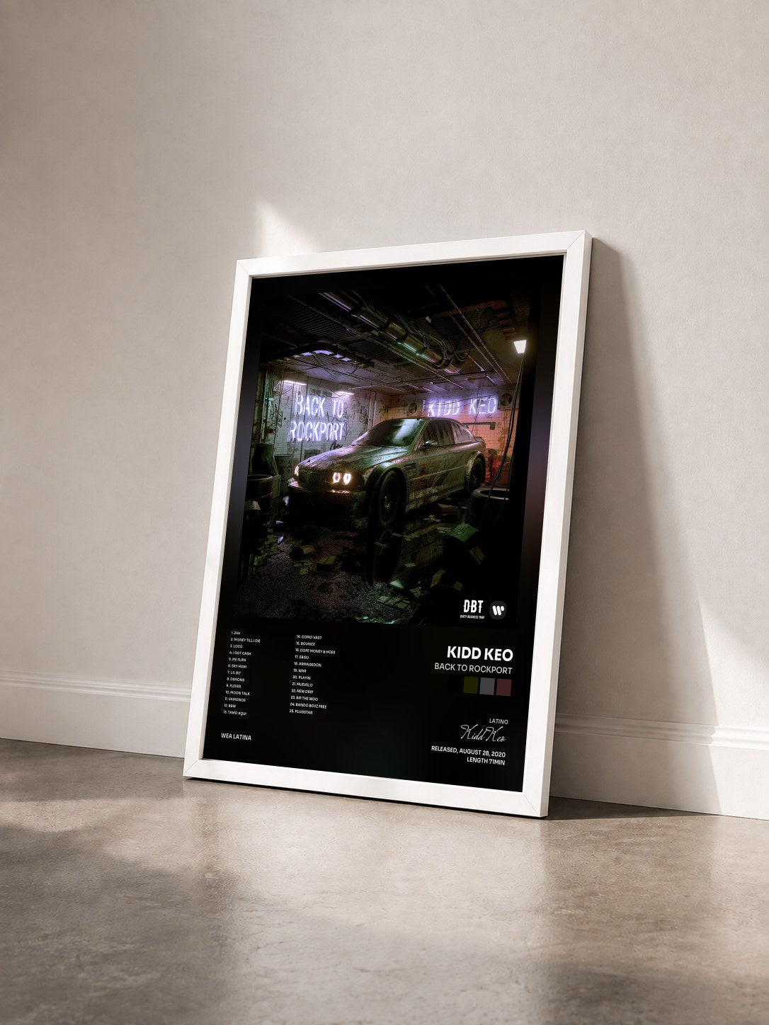 #blanc Tableau de l'album BACK TO ROCKPORT de Kidd Keo vu de trois quarts, cadre blanc