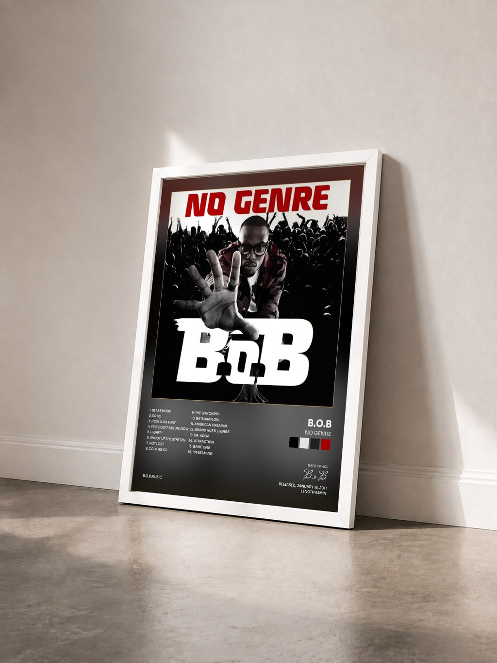 #blanc Tableau de l'album No Genre de B.o.B vu de trois quarts, cadre blanc
