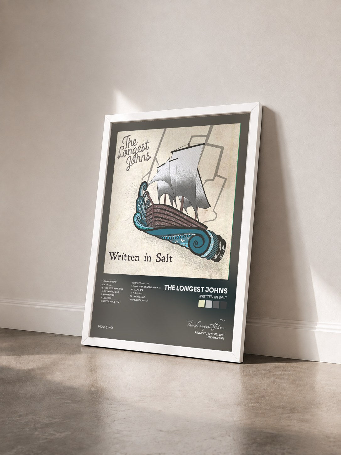 #blanc Tableau de l'album Written In Salt de The Longest Johns vu de trois quarts, cadre blanc