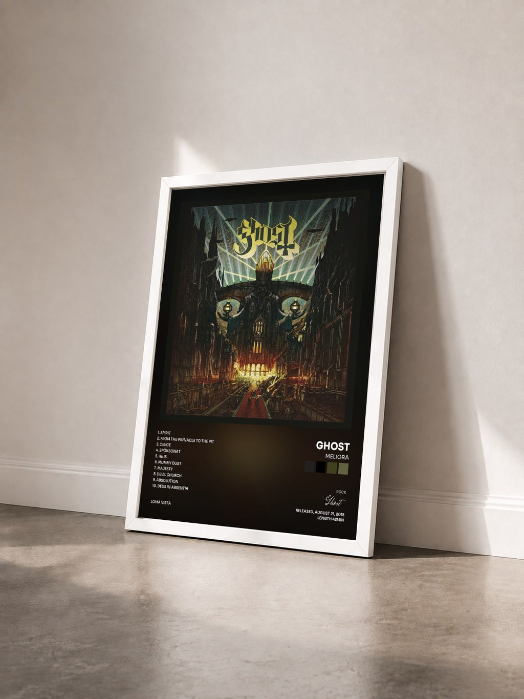 #blanc Tableau de l'album Meliora de Ghost vu de trois quarts, cadre blanc