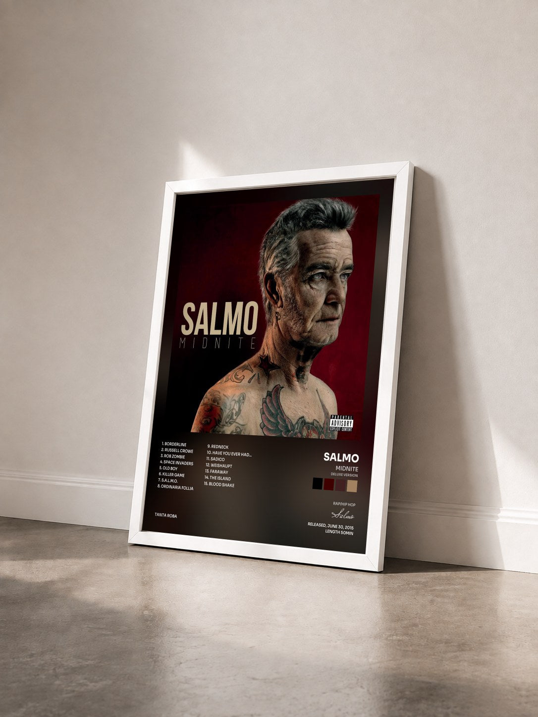 #blanc Tableau de l'album Midnite (Deluxe Version) de Salmo vu de trois quarts, cadre blanc