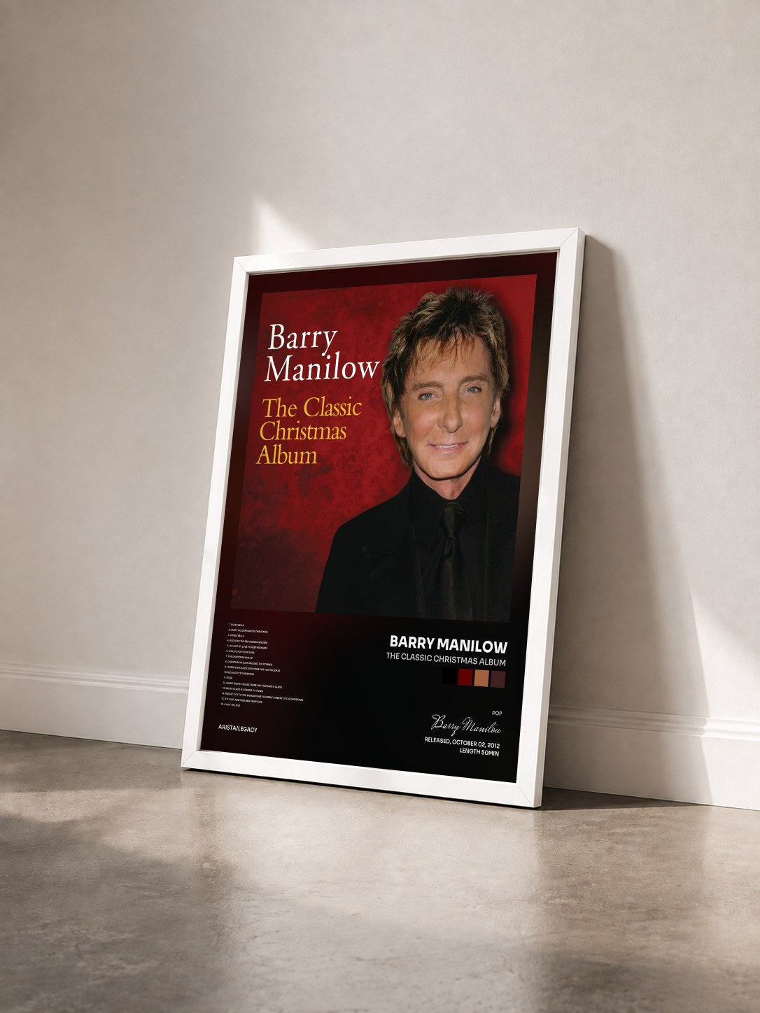 #blanc Tableau de l'album The Classic Christmas Album de Barry Manilow vu de trois quarts, cadre blanc