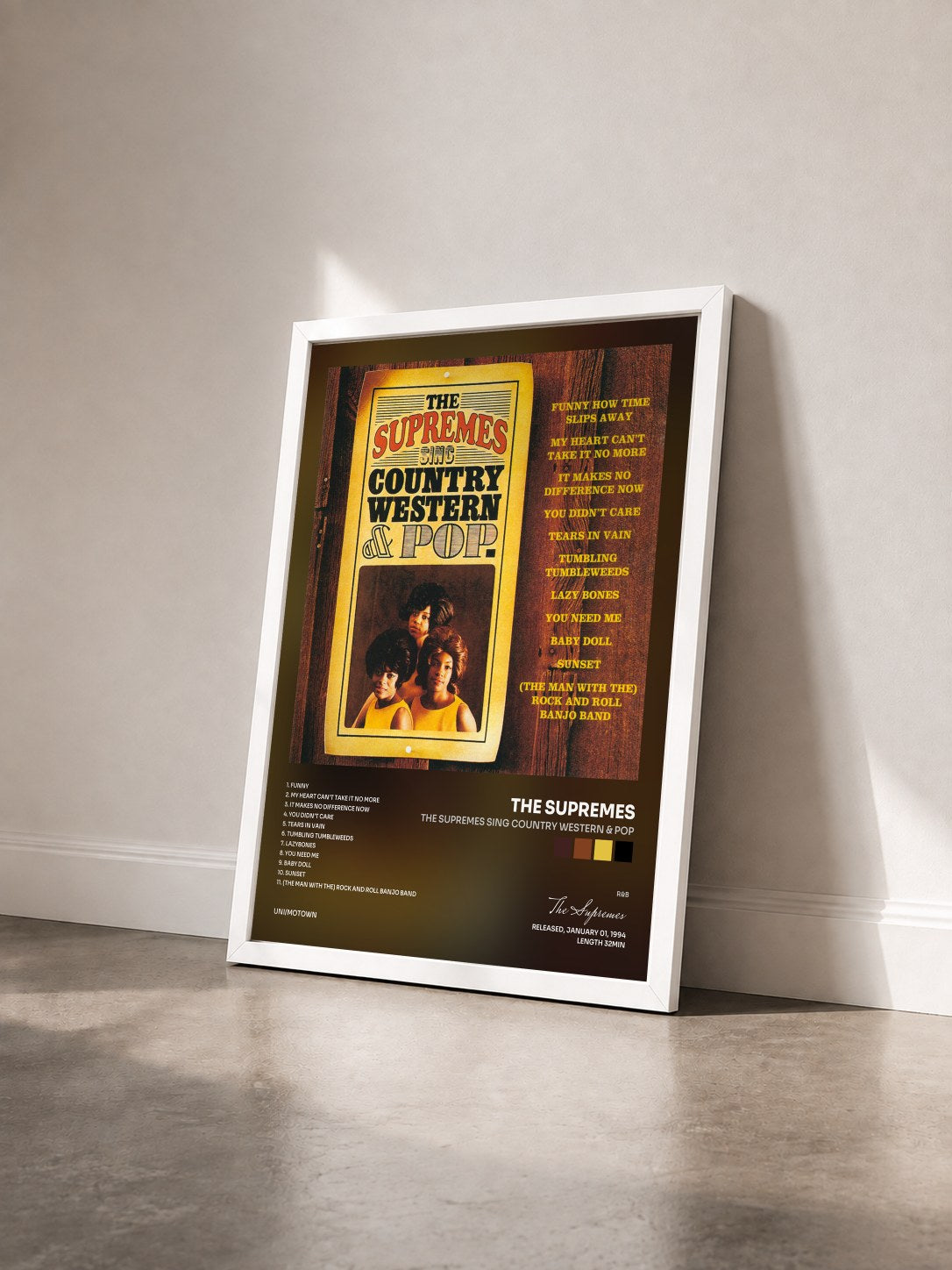 #blanc Tableau de l'album The Supremes Sing Country Western & Pop de The Supremes vu de trois quarts, cadre blanc