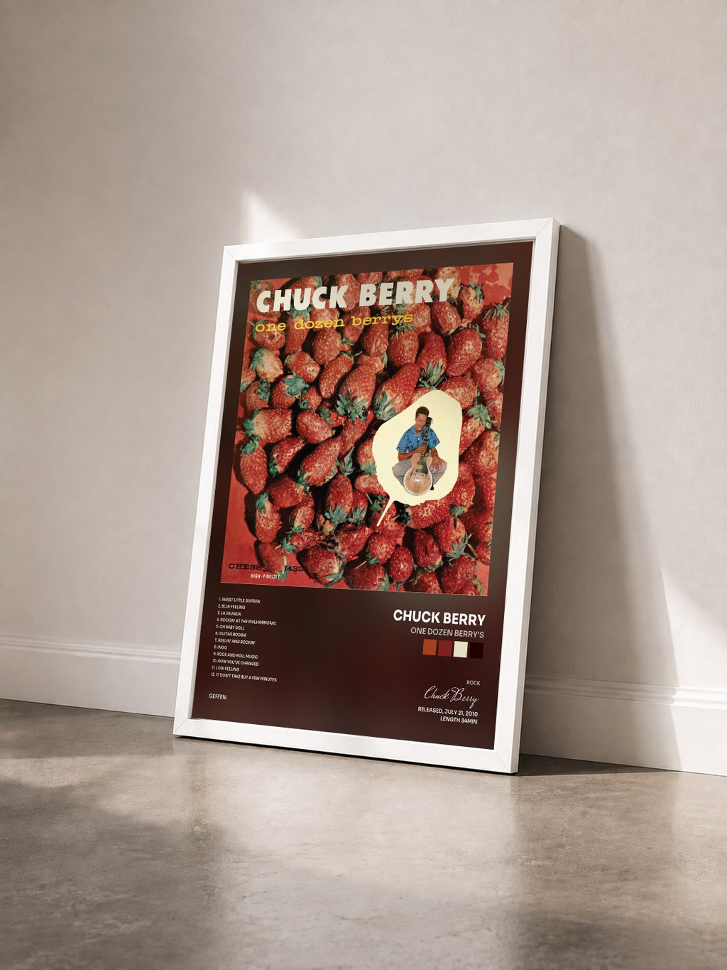 #blanc Tableau de l'album One Dozen Berry's de Chuck Berry vu de trois quarts, cadre blanc